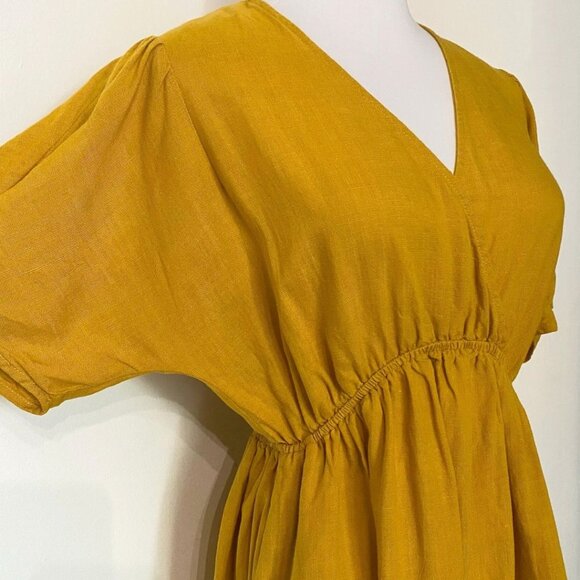 THE KORNER MUSTARD YELLOW SURPLICE LINEN BLEND EMPIRE WAIST MIDI DRESS - XS - Picture 5 of 10